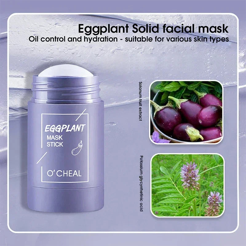 Purple eggplant solid facial mask stick by O'CHEAL with oil control and hydration, featuring Solanum fruit extract and potassium glycyrrhetinic acid