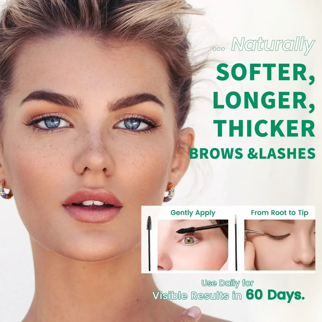 Close-up of woman with clear skin and blue eyes promoting eyebrow and eyelash growth serum with application tips