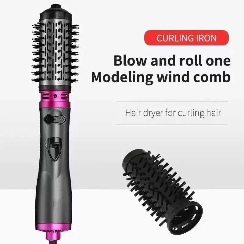 Black and pink electric curling iron styling brush with one removable black brush attachment