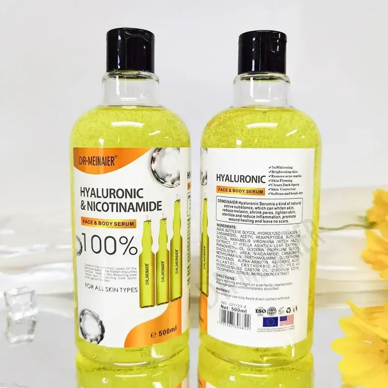 Two 500ml bottles of Dr. Meinaier Hyaluronic & Nicotinamide Face and Body Serum with yellow liquid