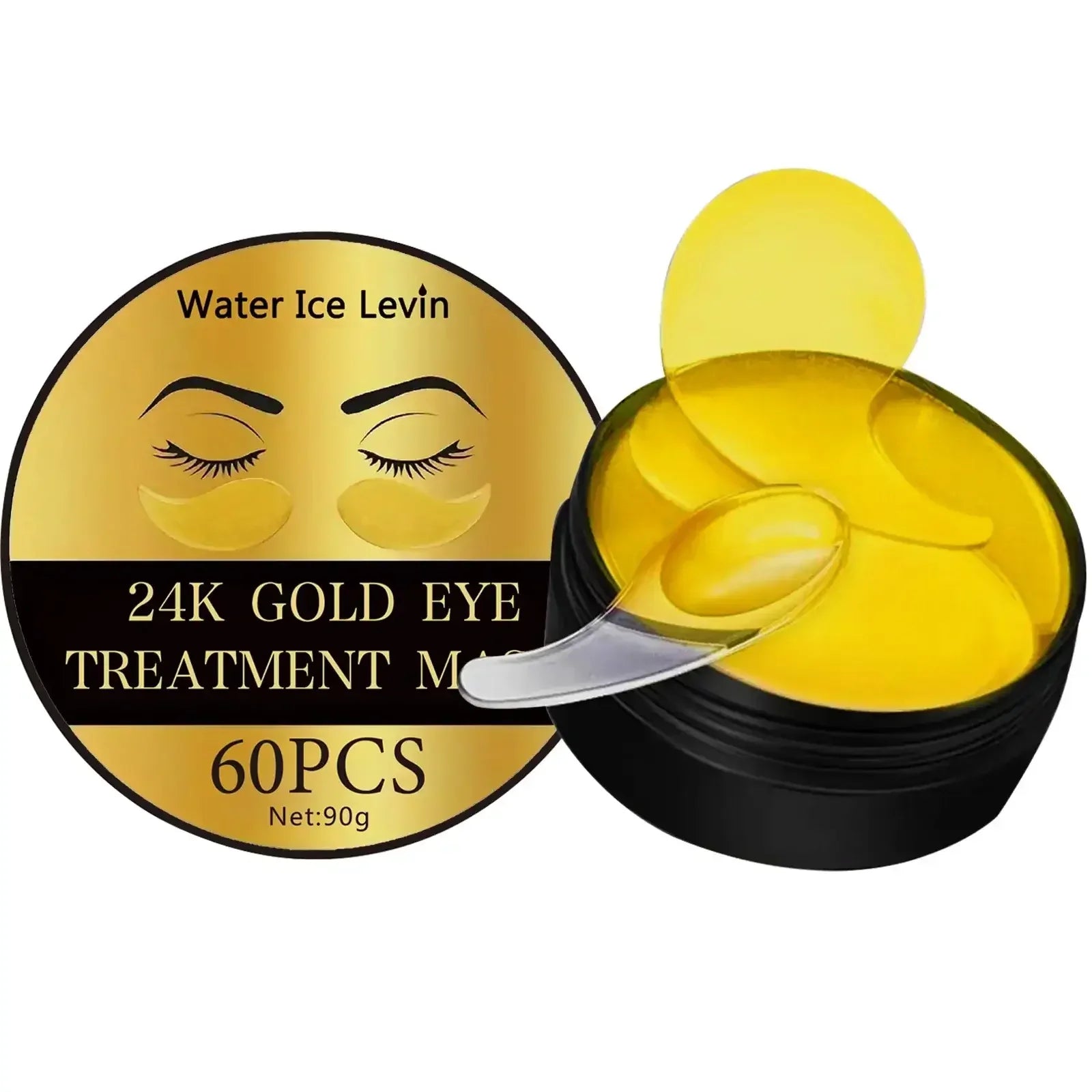 24K Gold Eye Treatment Mask with 60 pieces, packaged in a black and gold container with applicator