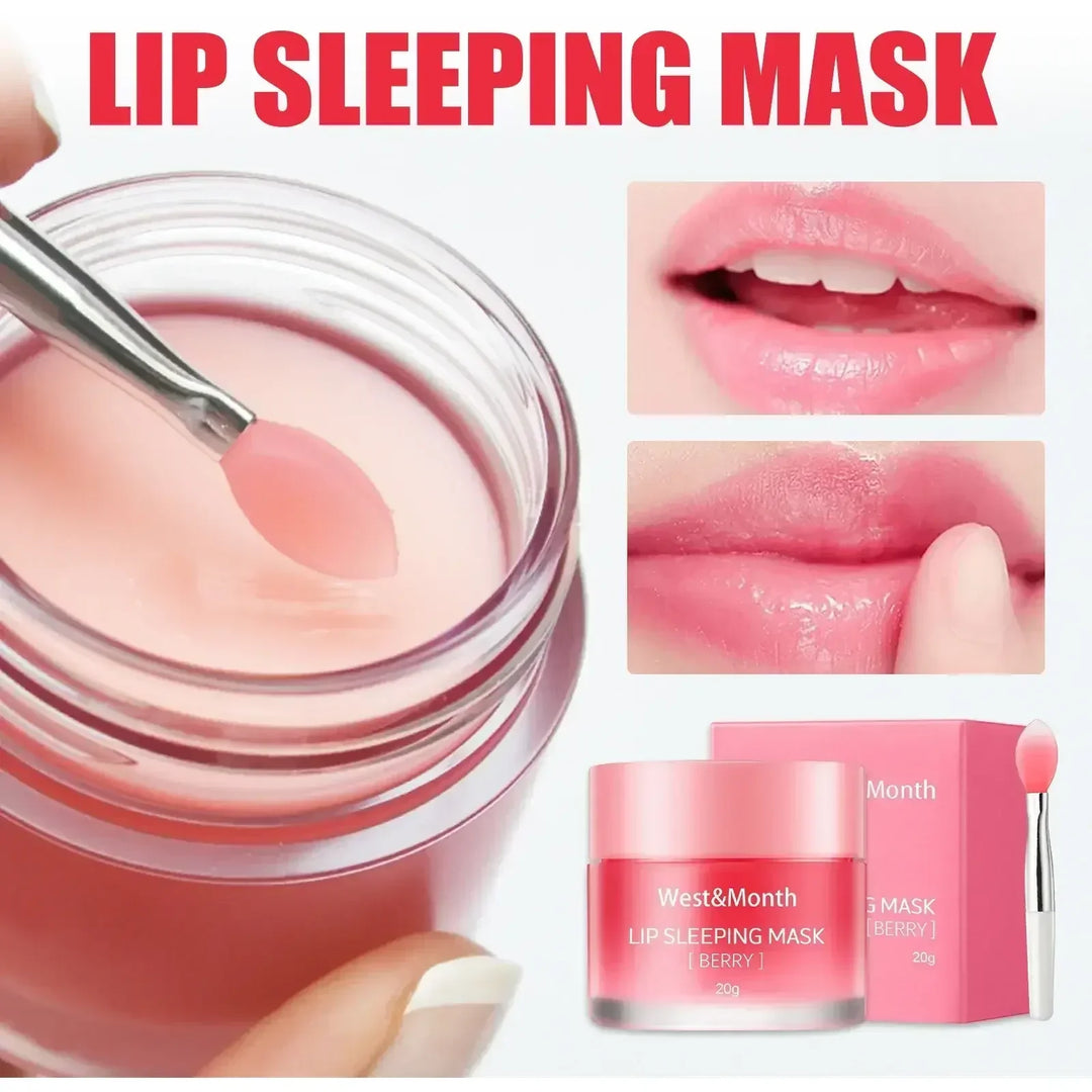 West&Month berry lip sleeping mask in pink jar with spatula, showing hydrated glossy lips