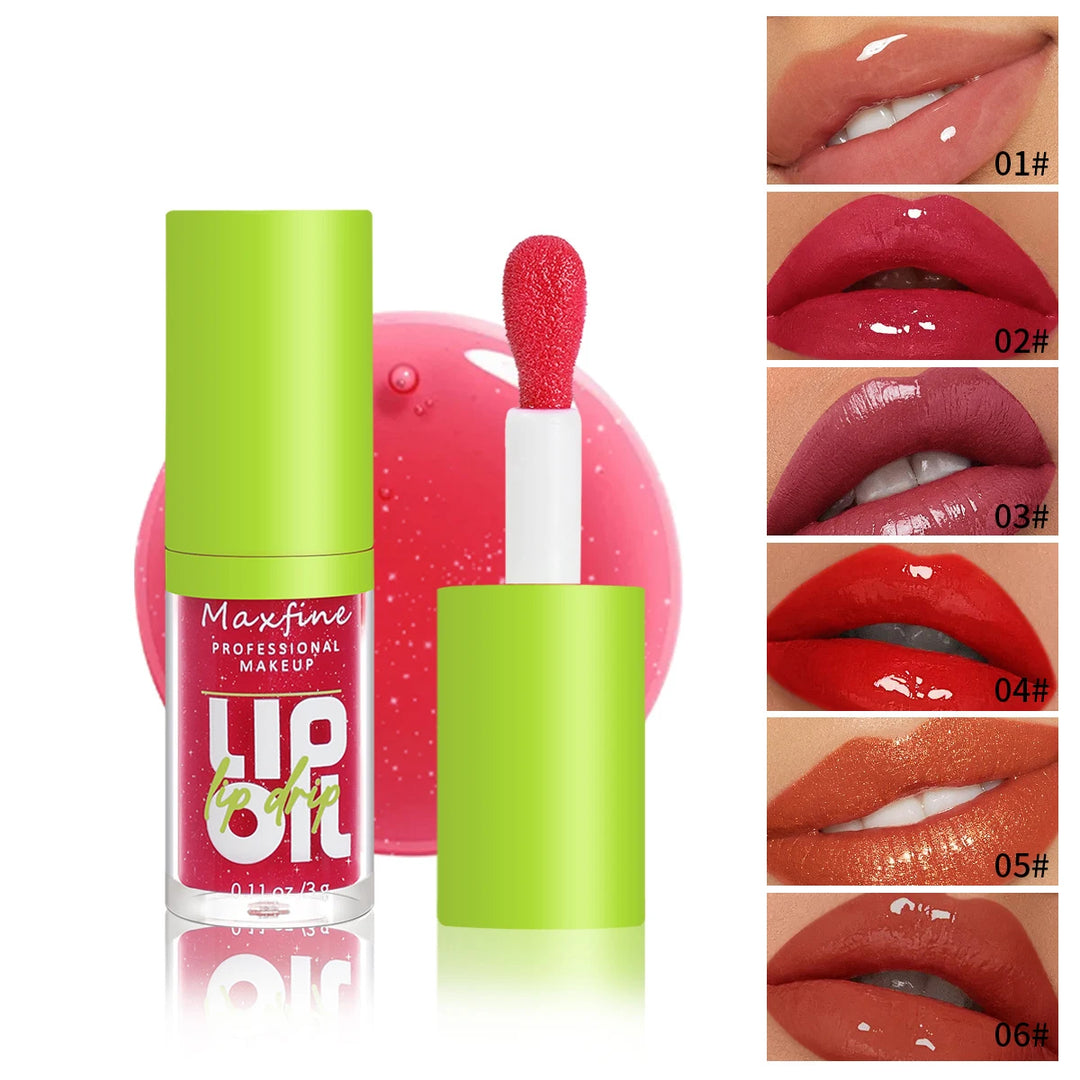Maxfine professional lip oil with green cap and applicator, six glossy lip color shades swatched on lips