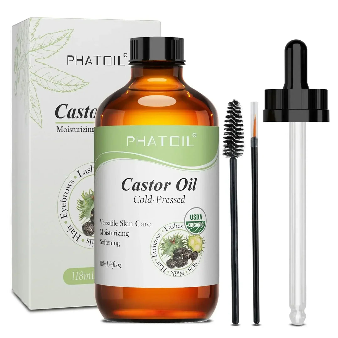 PHATOIL cold-pressed castor oil bottle with USDA organic label, eyebrow and lash applicators