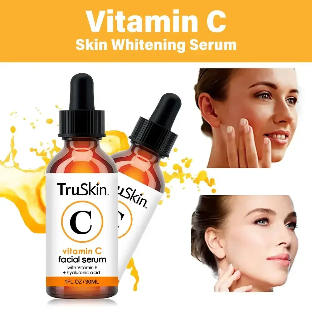 TruSkin Vitamin C facial serum bottles with splash and model showing clear, radiant skin