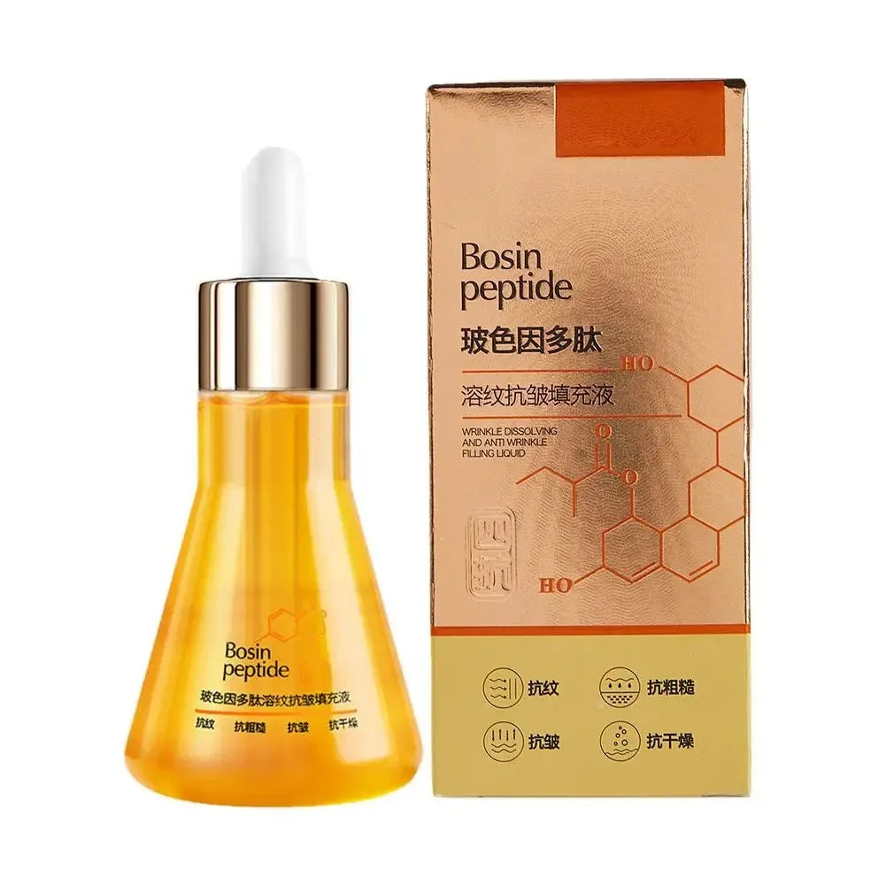 Bosin peptide wrinkle dissolving and anti-wrinkle filling liquid serum with gold dropper bottle and box