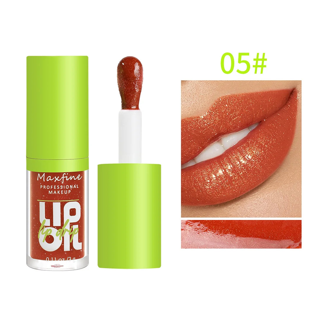 Maxfine professional lip oil in shimmery burnt orange with green cap and applicator, shade 05# on lips
