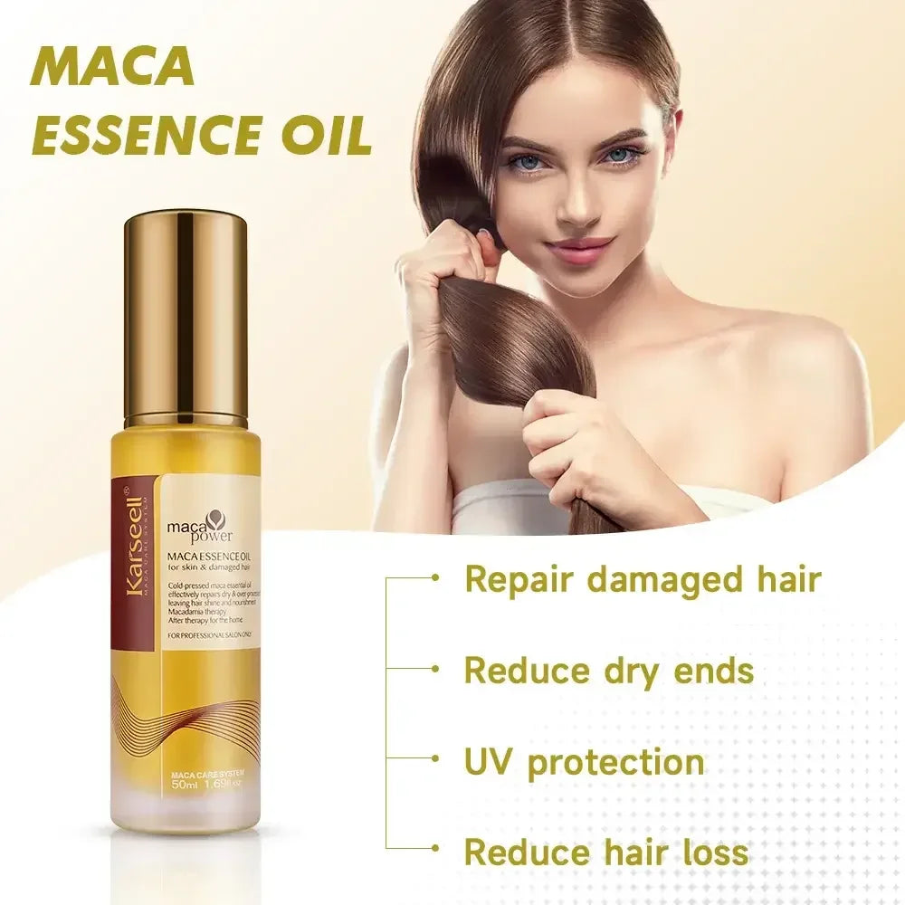 Maca Essence Oil bottle with benefits and woman holding smooth, shiny hair, promoting hair repair and protection