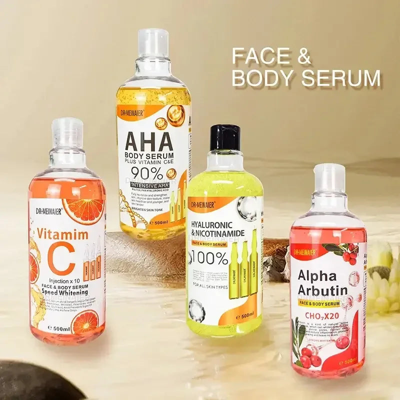 Face and body serums including Vitamin C, AHA, Hyaluronic & Nicotinamide, and Alpha Arbutin in clear bottles