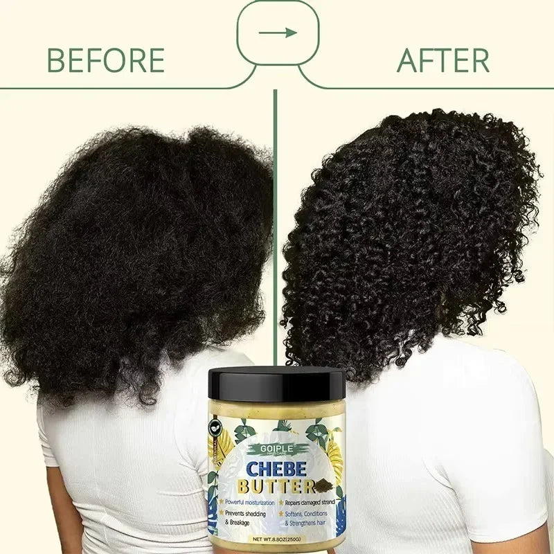 Before and after using Chebe Butter showing improved curly hair moisture and definition