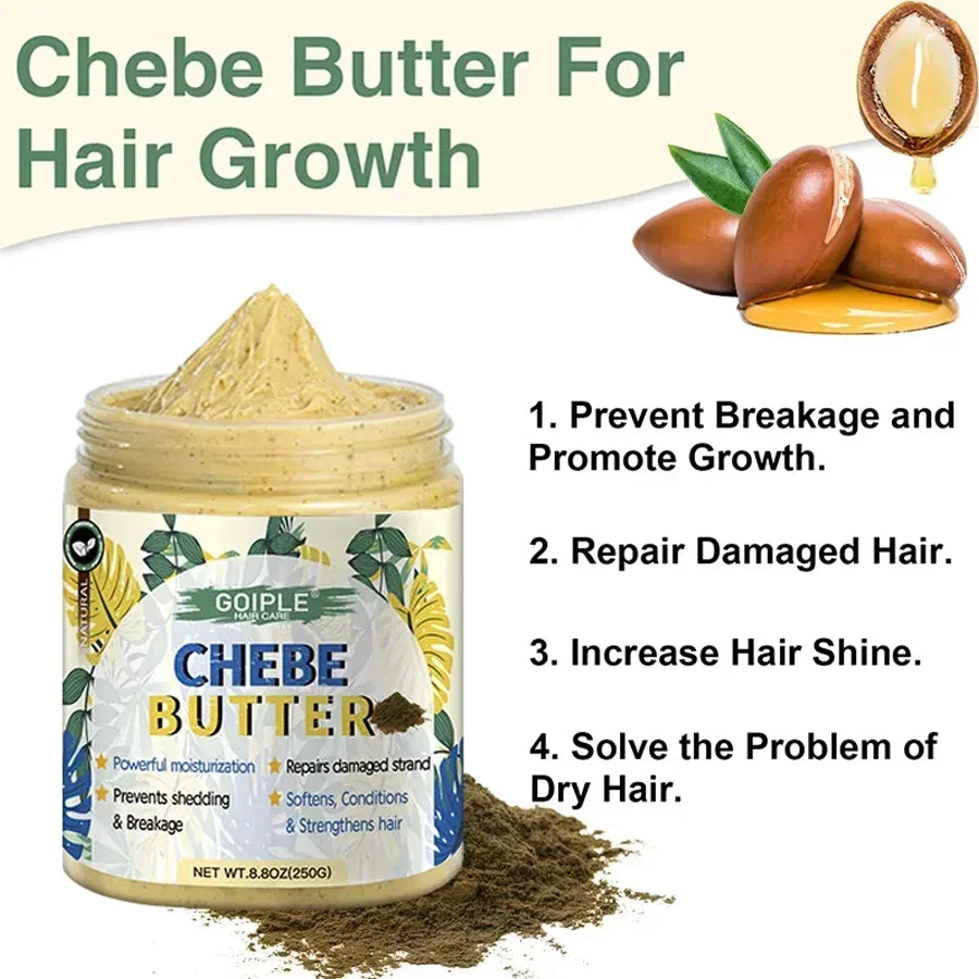 Goiple Chebe Butter hair growth cream jar with benefits listed and argan nuts with oil drop