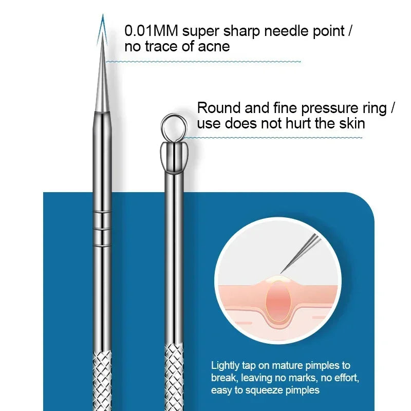 Stainless steel acne removal tools with 0.01MM sharp needle and round pressure ring for painless pimple extraction