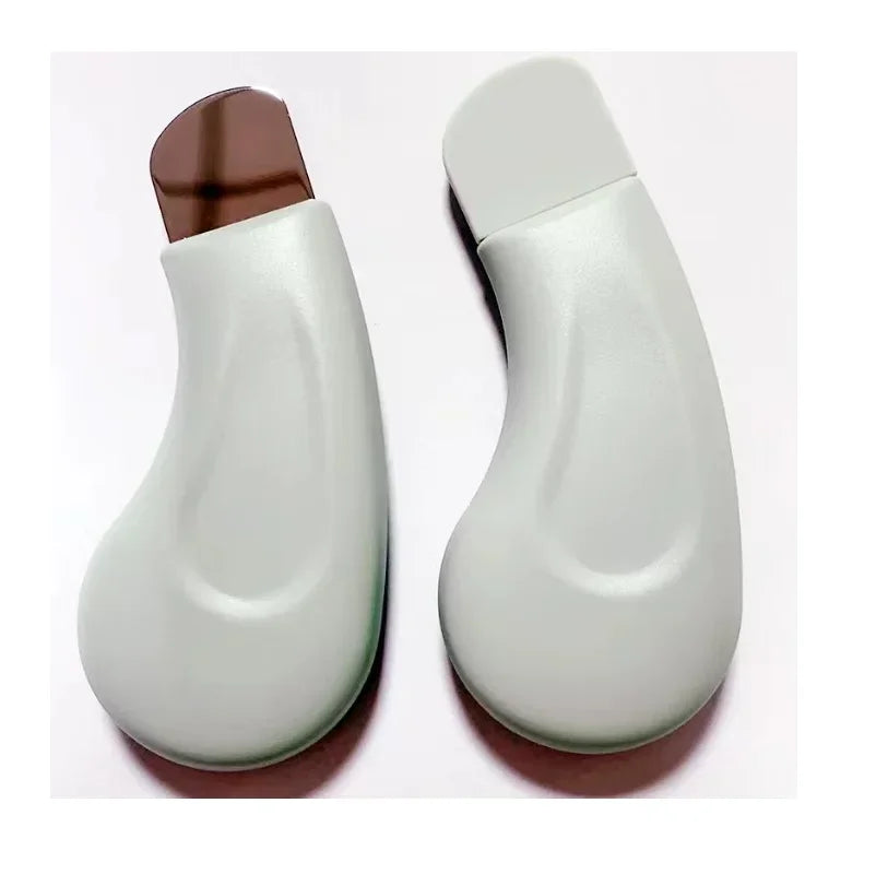 Two modern white handheld beauty devices with curved ergonomic design on white background