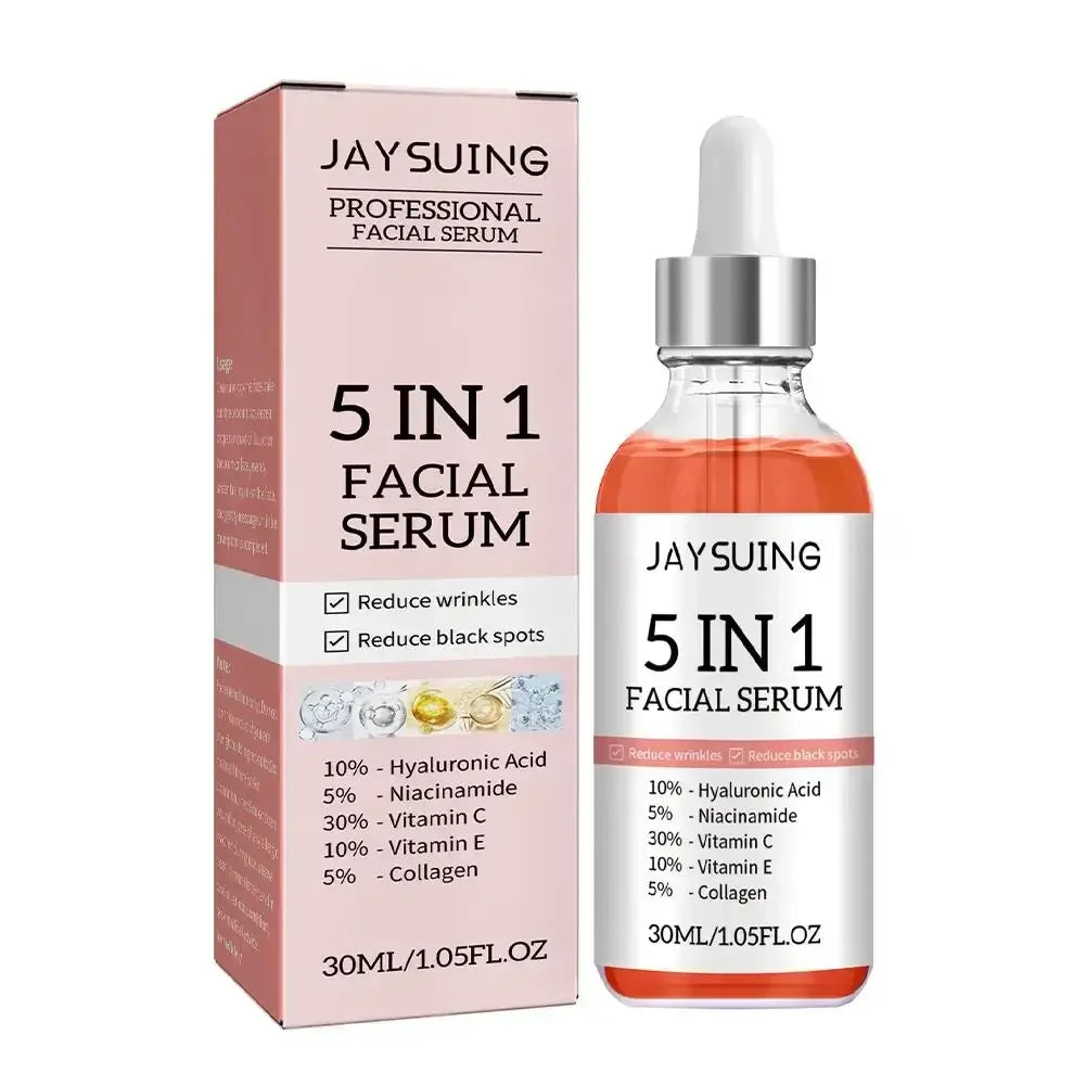Jaysuing 5 in 1 facial serum bottle and pink packaging with hyaluronic acid and vitamins C, E