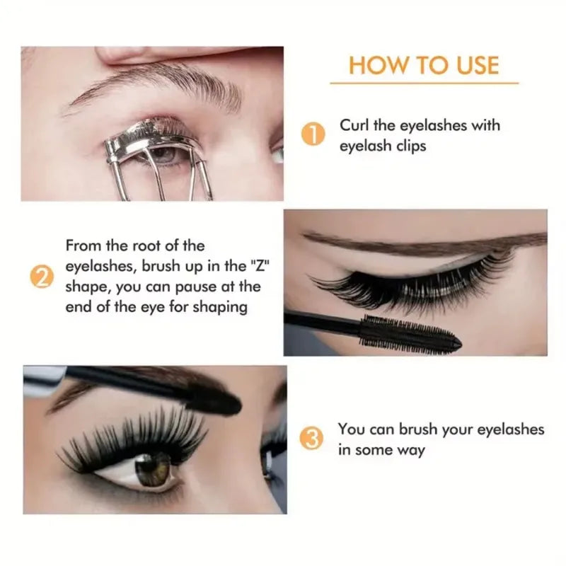 Step-by-step eyelash curling and brushing tutorial with eyelash curler and mascara brush