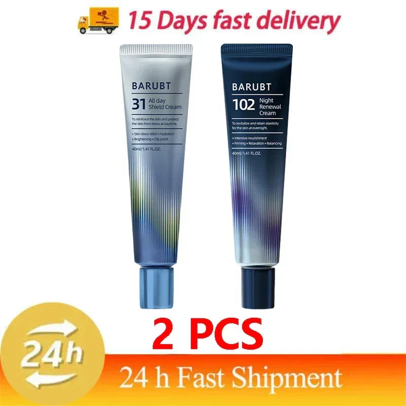 Two BARUBT skincare tubes: 31 All day Shield Cream and 102 Night Renewal Cream with 15 days fast delivery