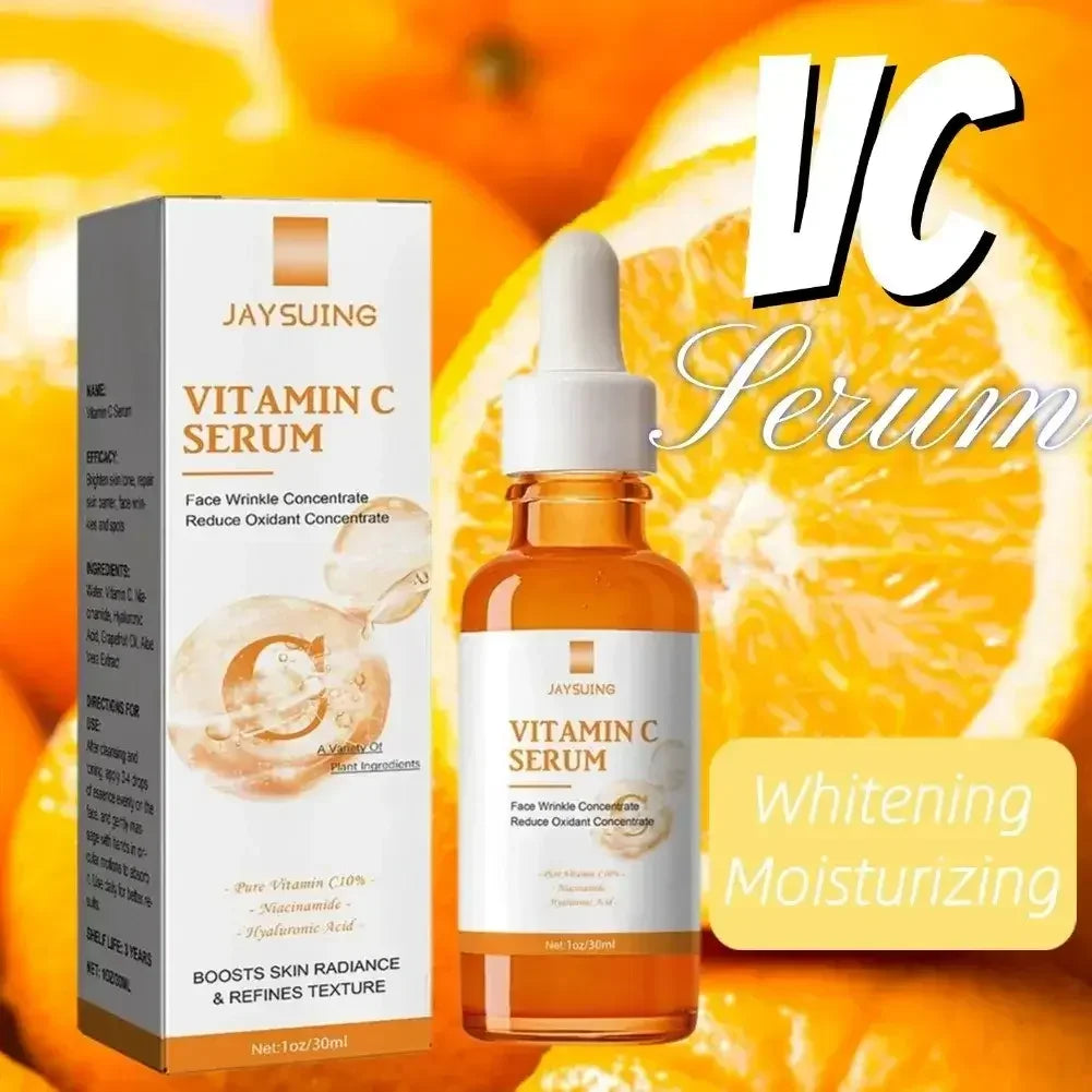 Jaysuing Vitamin C Serum bottle and box with orange slices background, whitening and moisturizing