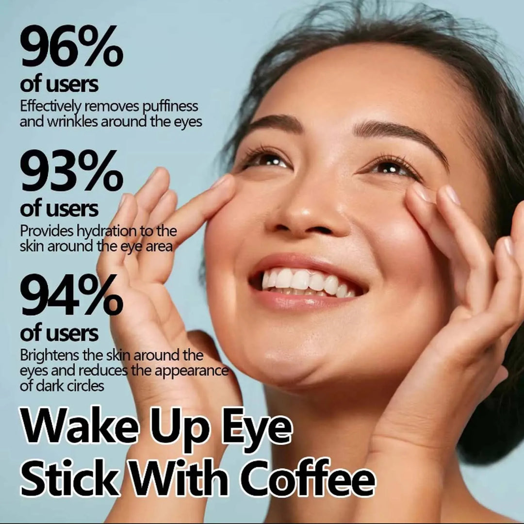 Smiling woman applying Wake Up Eye Stick with coffee, reduces puffiness, wrinkles, and dark circles