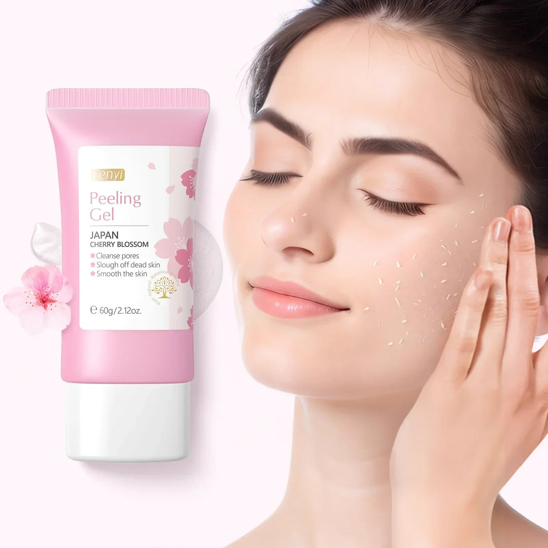 Woman applying Japan cherry blossom peeling gel exfoliating dead skin for smooth face