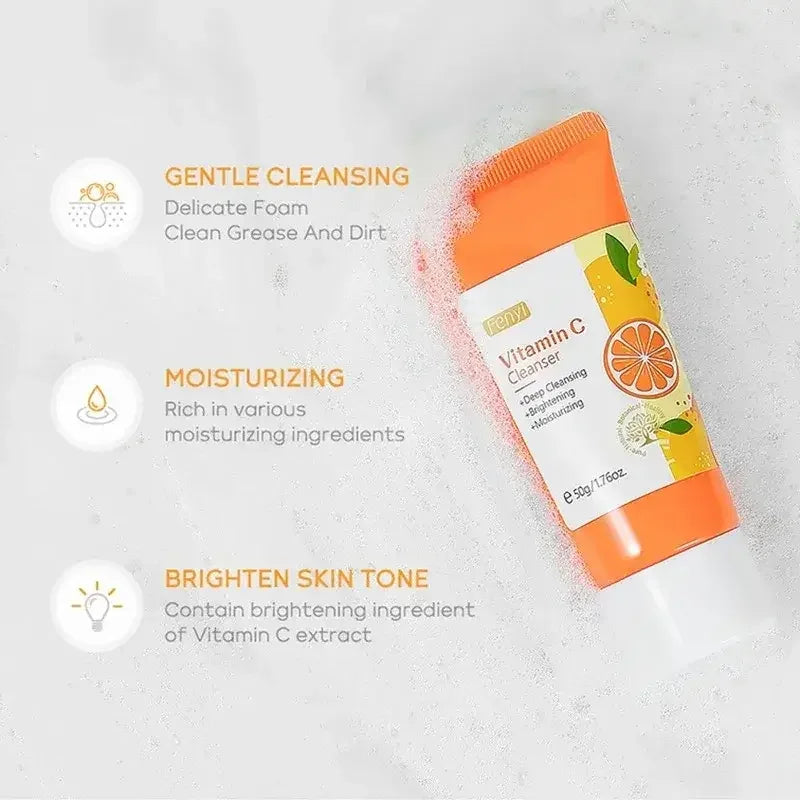 Vitamin C cleanser tube on foam with text highlighting gentle cleansing, moisturizing, and brightening skin tone