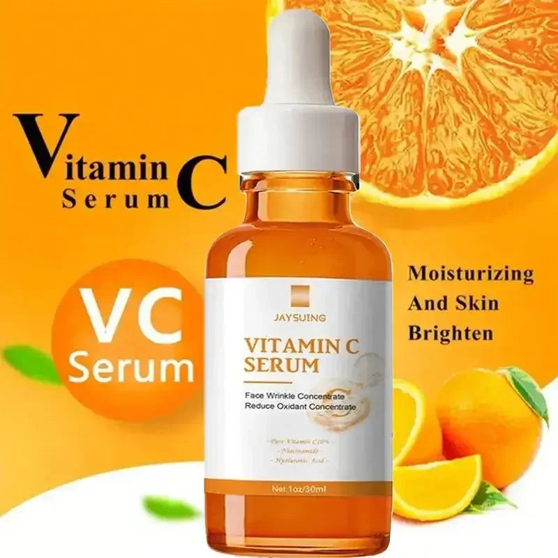 JAYSUING Vitamin C Serum bottle with orange fruit background, moisturizing and skin brightening