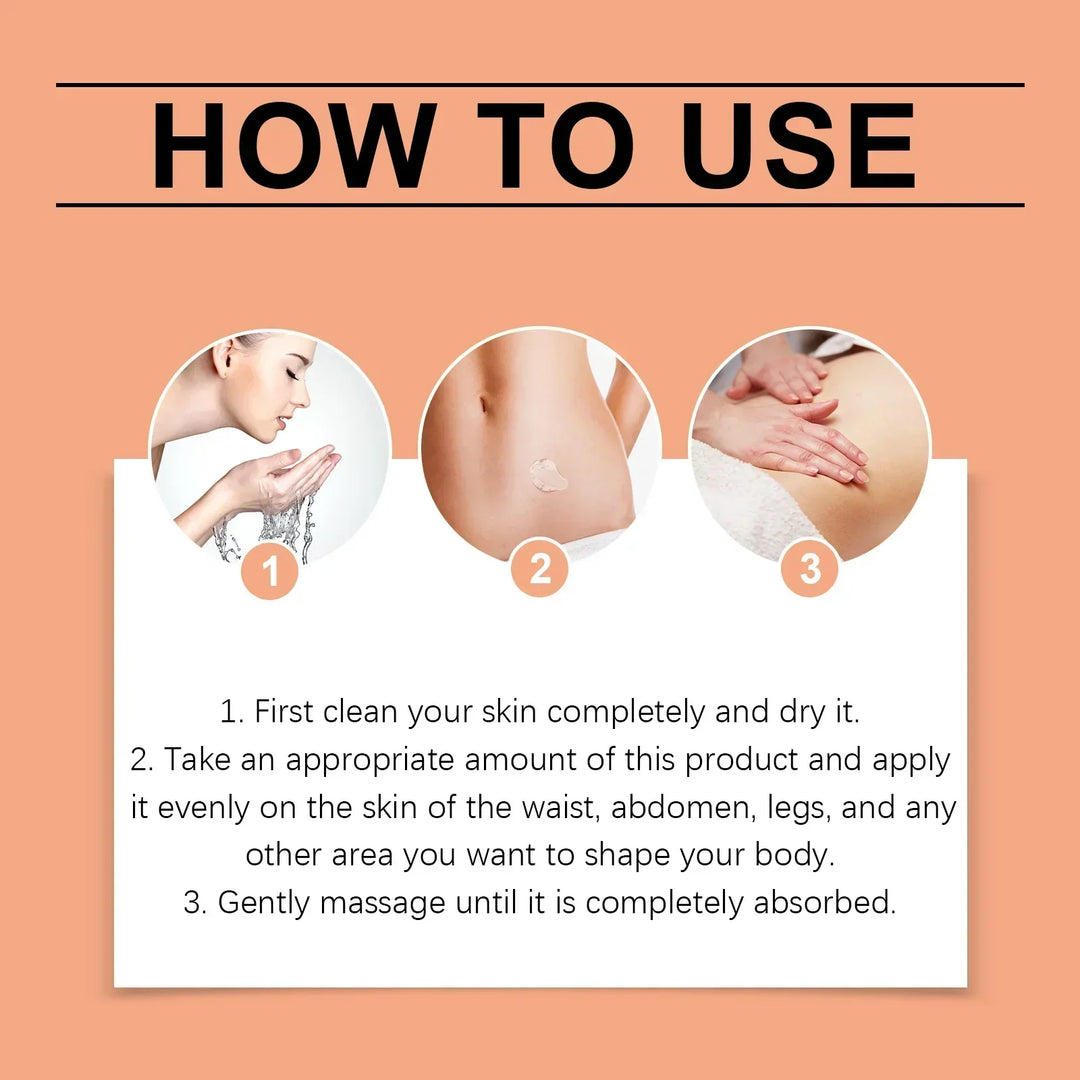 Step-by-step guide to use body shaping cream with cleaning, application on abdomen, and gentle massage