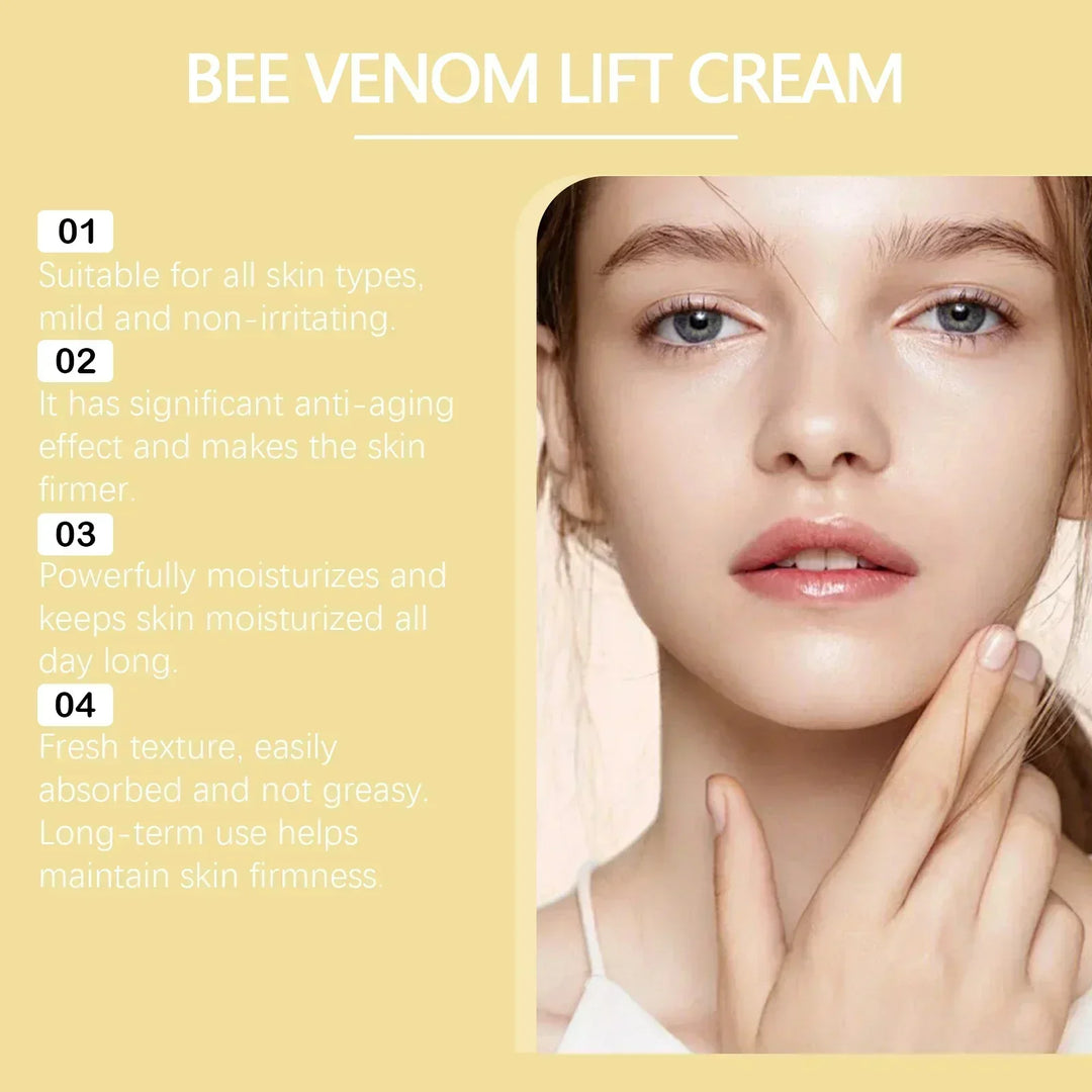 Bee Venom Lift Cream benefits with close-up of woman touching her smooth, firm facial skin