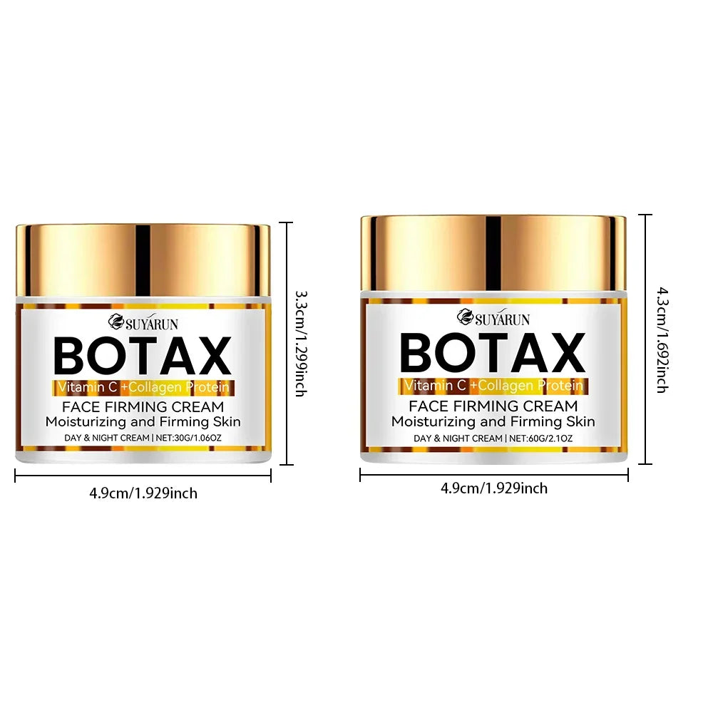 Two sizes of BOTAX Vitamin C Collagen Face Firming Cream jars with gold lids, moisturizing firming skin