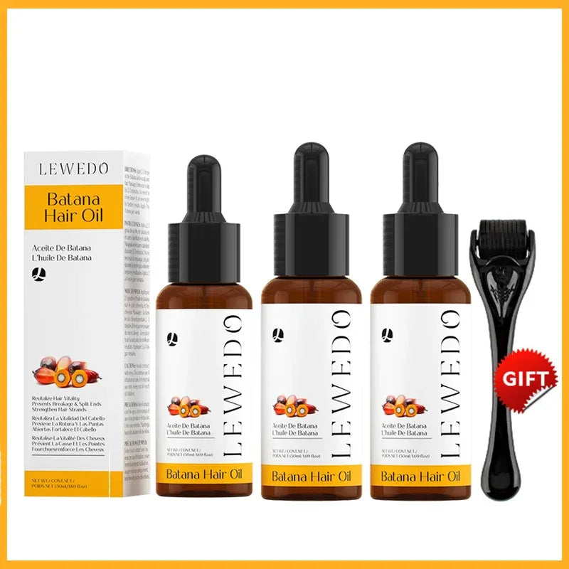Lewedo Batana Hair Oil set with three bottles and a black derma roller gift for hair care