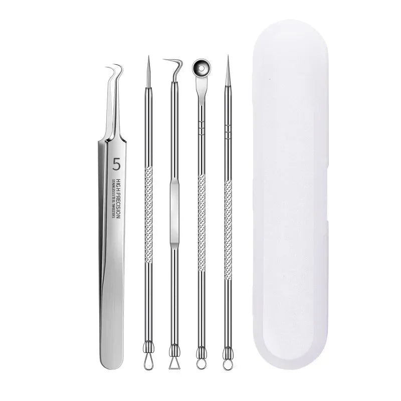 Stainless steel high precision blackhead removal tools set with five double-ended extractors and white carrying case