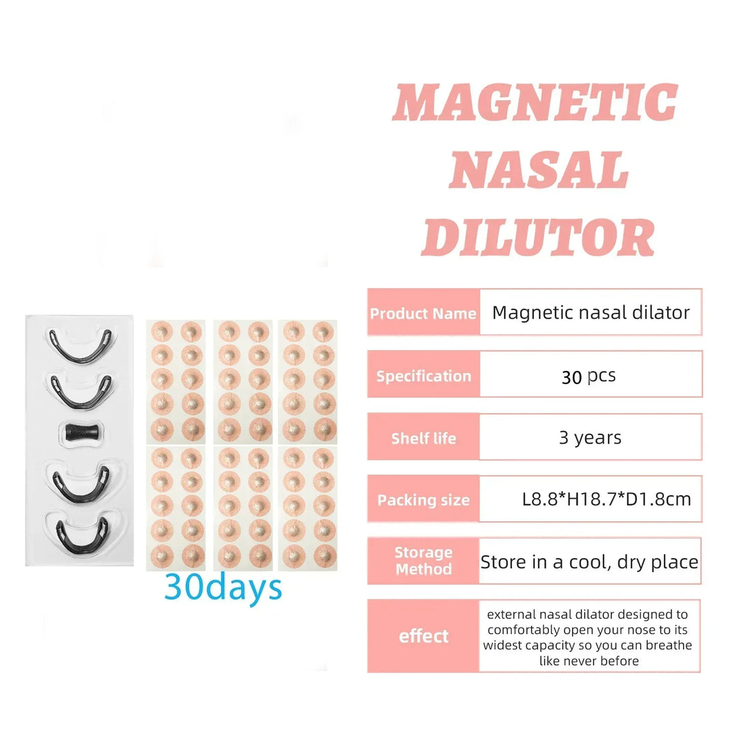 Magnetic nasal dilator kit with 30 pcs skin patches, product info and usage for 30 days