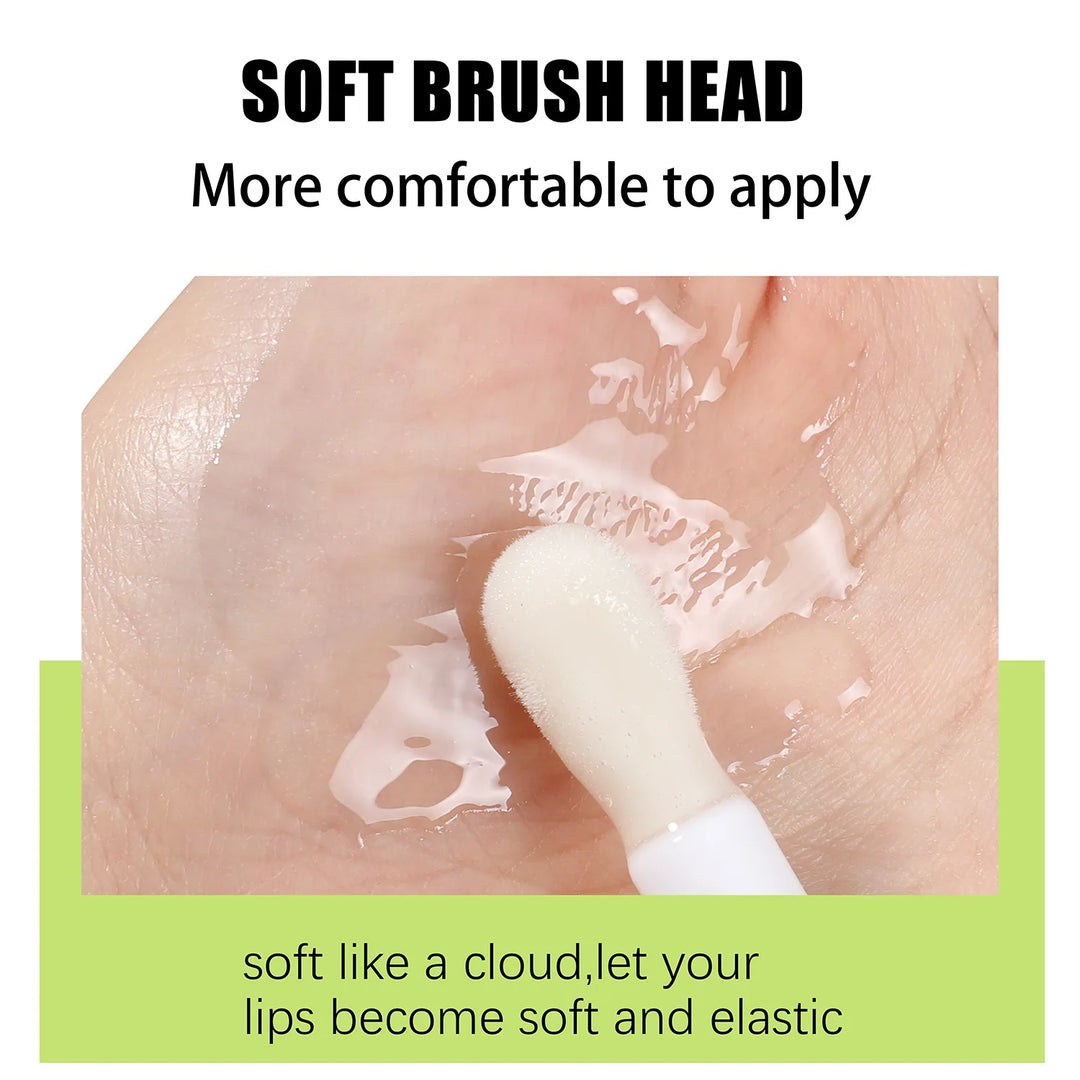 Soft brush head applicator applying clear lip product on skin, promoting comfort and softness