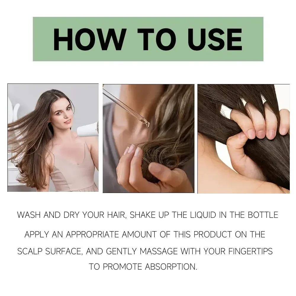 Instructions on how to use hair care serum with images of drying hair, applying serum, and massaging scalp