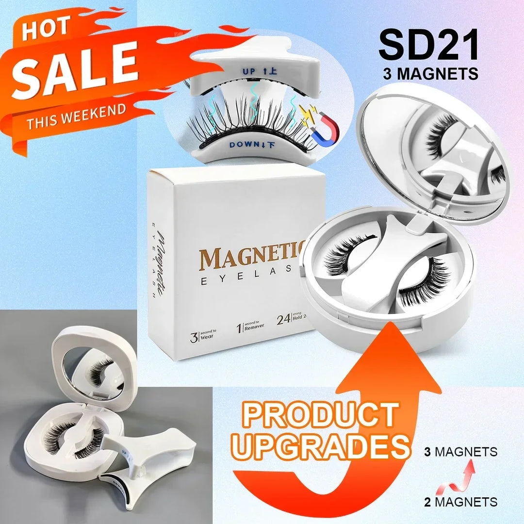 Magnetic eyelashes kit with 3 magnets, white case, applicator, and packaging on sale banner