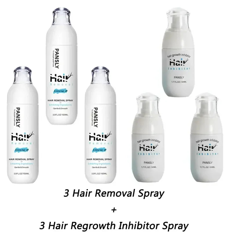 Set of 3 Pansly hair removal sprays and 3 hair regrowth inhibitor sprays in white bottles