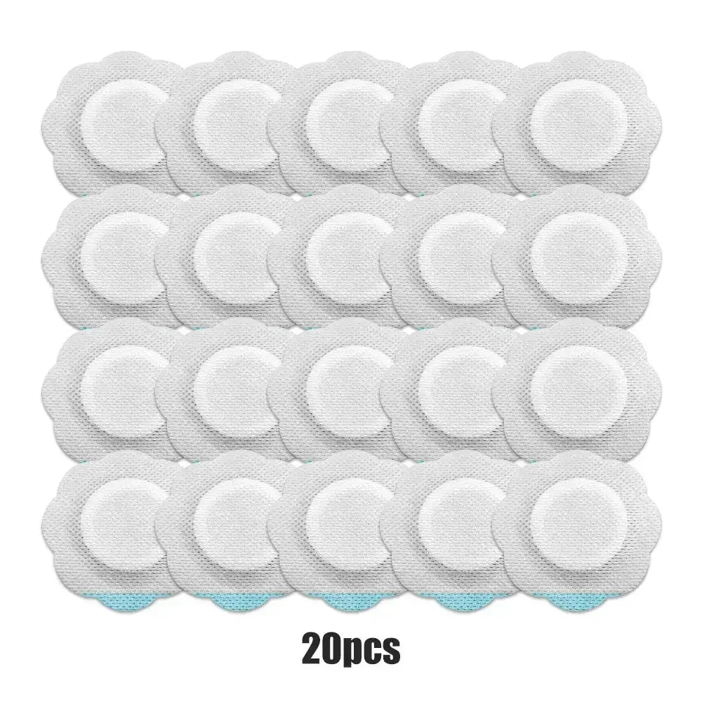 Pack of 20 white round adhesive patches with textured surface and scalloped edges