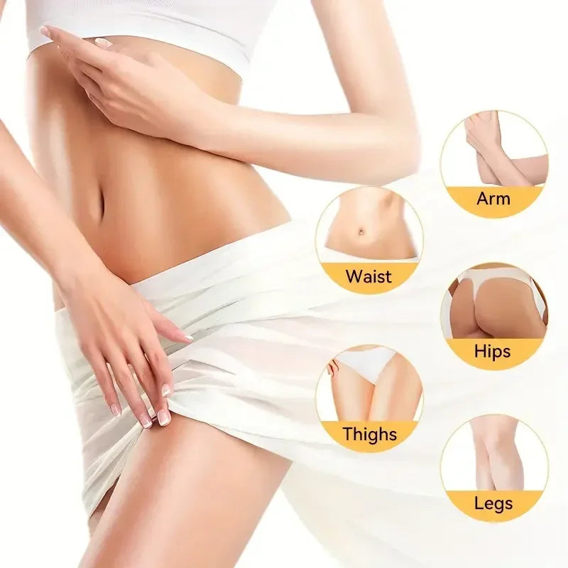 Female midsection with smooth skin and labels highlighting arm, waist, hips, thighs, and legs areas