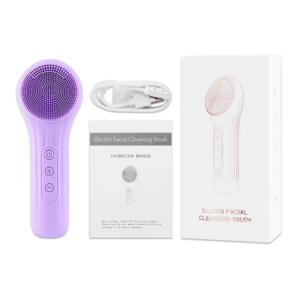 Purple silicone electric facial cleansing brush with USB charger, manual, and packaging box