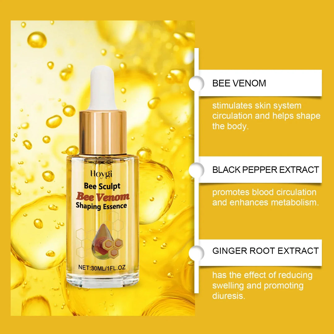 Hoygi Bee Sculpt Bee Venom Shaping Essence bottle with bee venom, black pepper, and ginger root extracts benefits