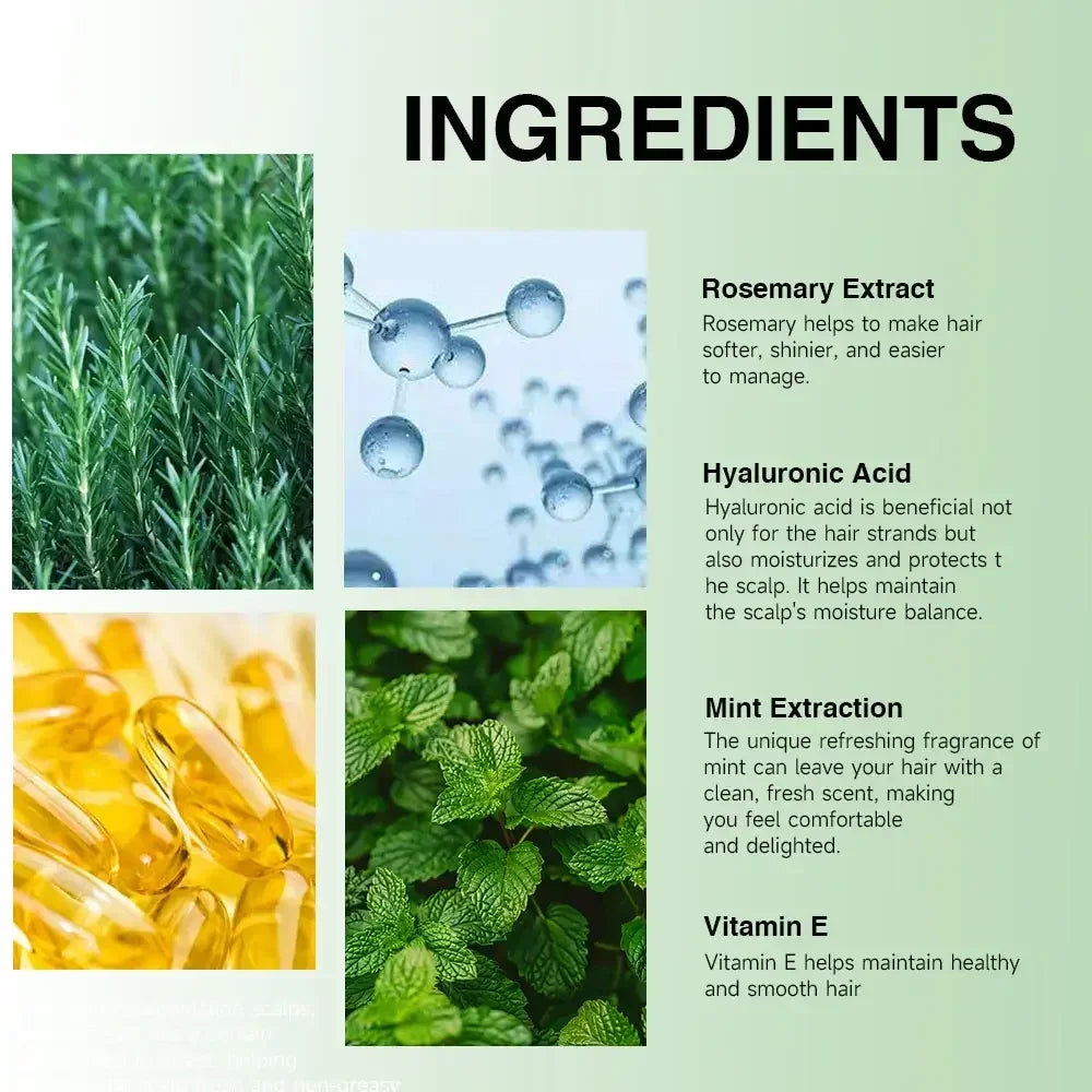 Ingredients for hair care: rosemary extract, hyaluronic acid, mint extraction, vitamin E capsules, and fresh mint leaves