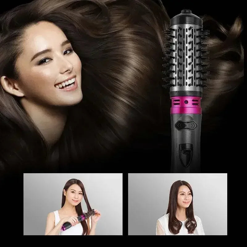 Smiling woman with long hair styled with a black and pink hair curling brush, before and after results