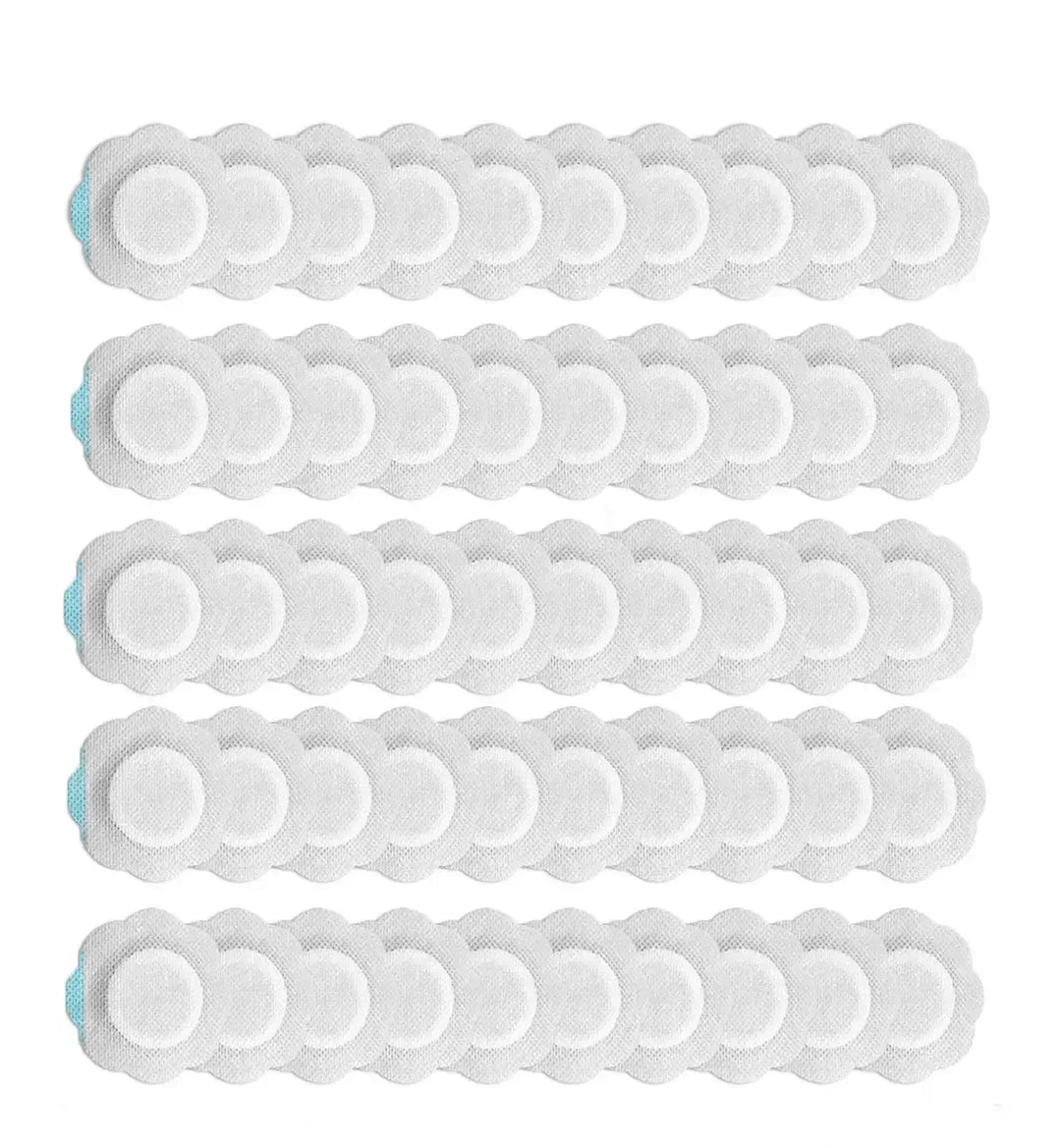Rows of white adhesive electrode pads with blue tabs arranged on white background