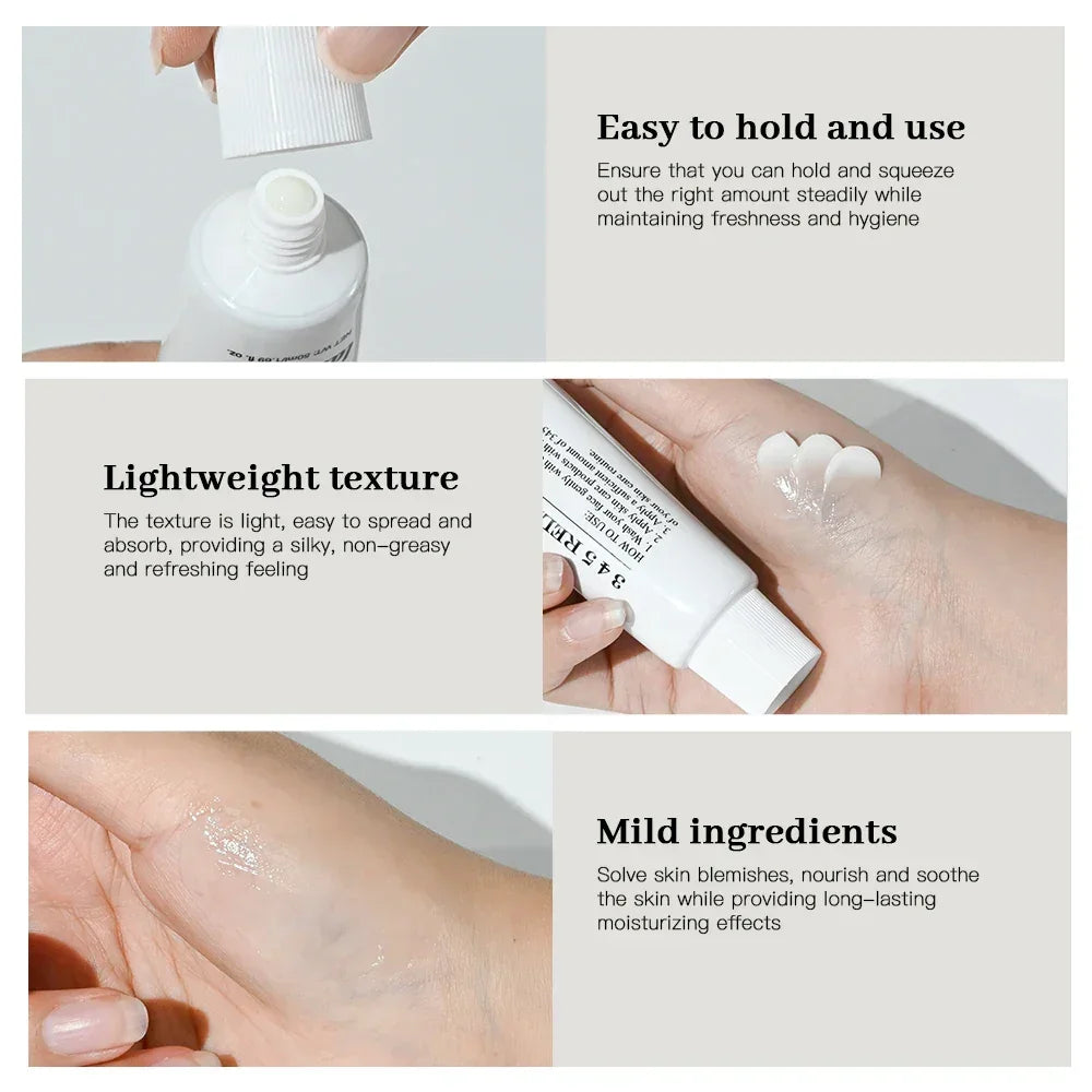 Hand squeezing white cream from tube, showing lightweight texture and moisturizing skin benefits