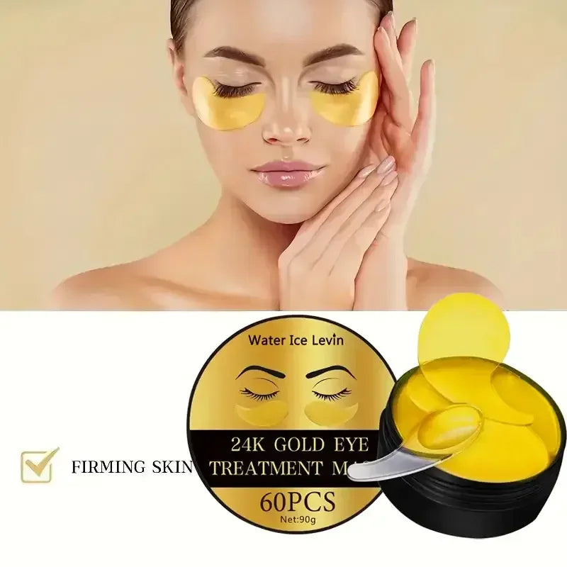 Woman with gold eye patches for skincare, 24K gold eye treatment mask, 60 pieces container