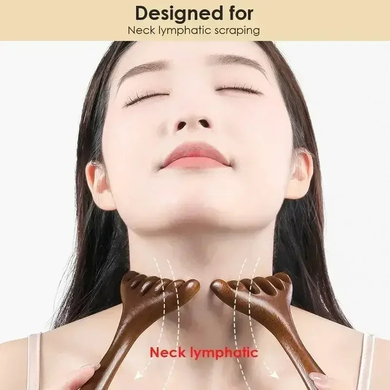 Woman using wooden massagers on neck for lymphatic scraping and drainage therapy