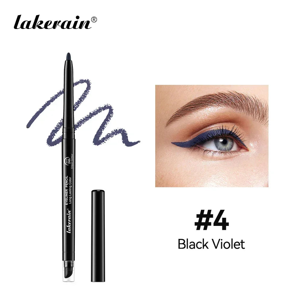 Lakerain black violet eyeliner pencil with swatch and eye makeup winged liner look