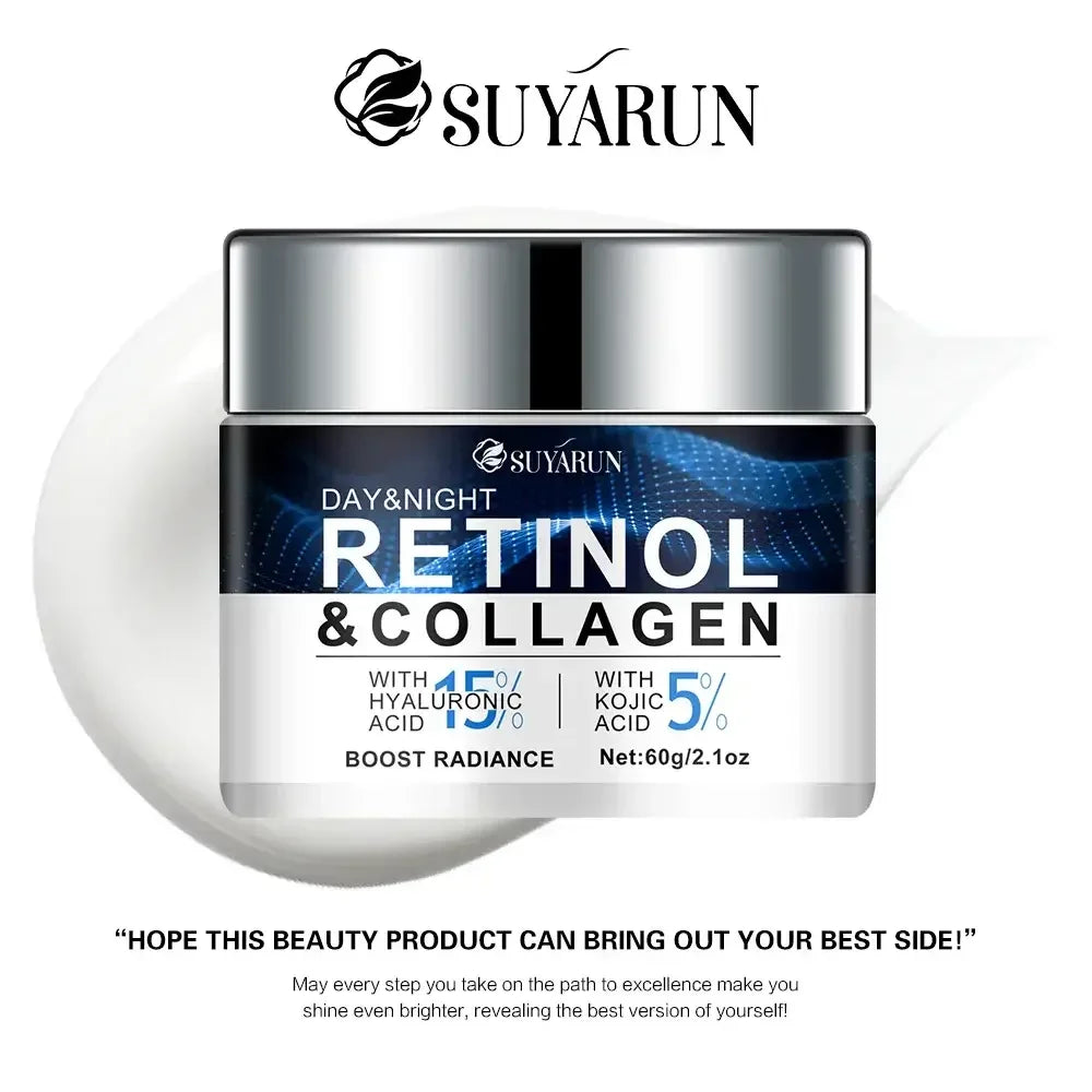 Suyarun Retinol & Collagen cream jar with 15% hyaluronic acid and 5% kojic acid for day and night skin radiance