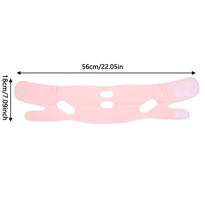 Pink adjustable face lifting band with holes and Velcro straps, measuring 56cm by 18cm