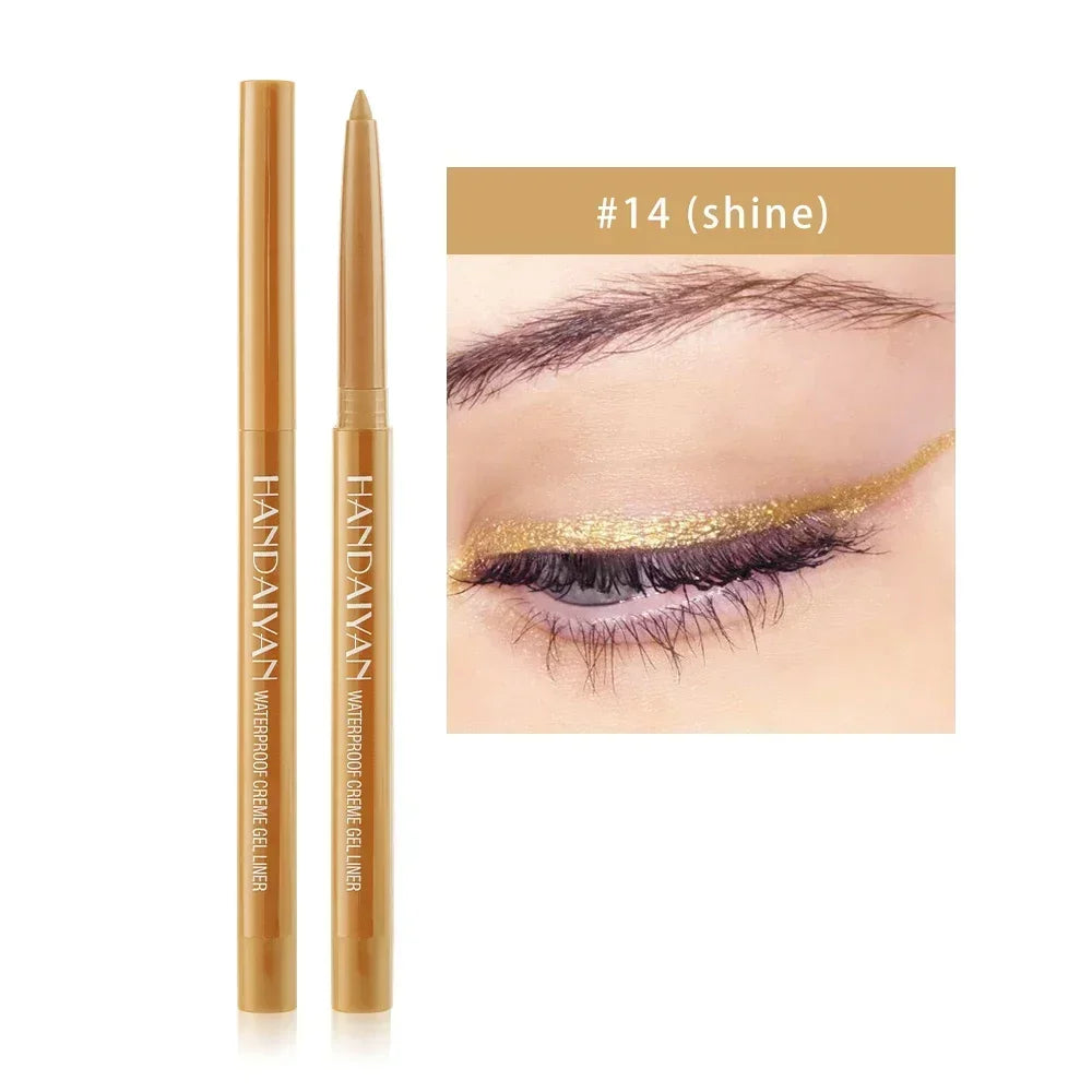 Handaiyan waterproof creme gel eyeliner in gold shade #14 with model wearing shiny gold eye makeup
