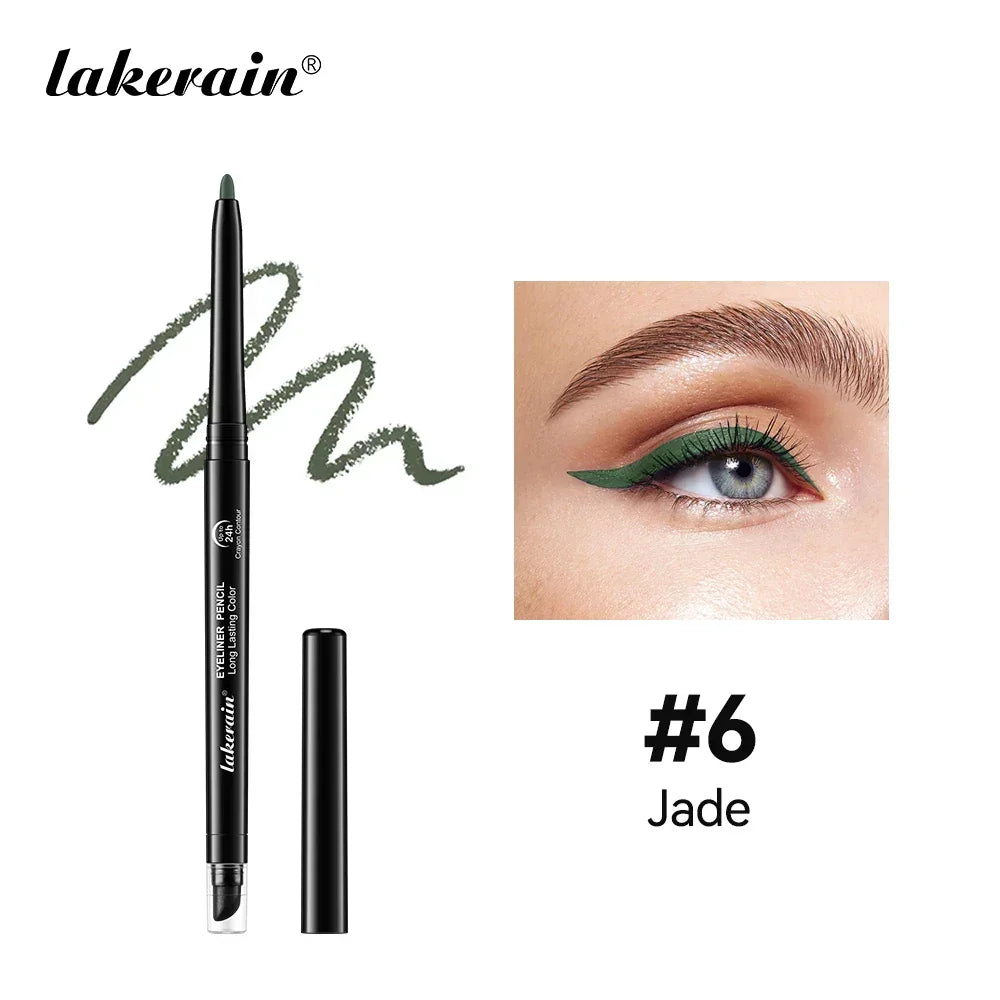 Lakerain long-lasting jade green eyeliner pencil and eye makeup swatch on blue eye
